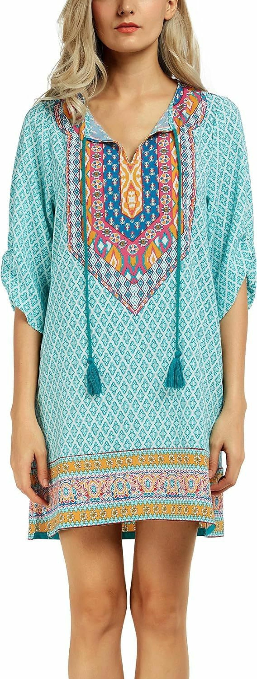 Hot Urban CoCo Women Bohemian Neck Tie Vintage Printed Ethnic Style Summer Shift Dress