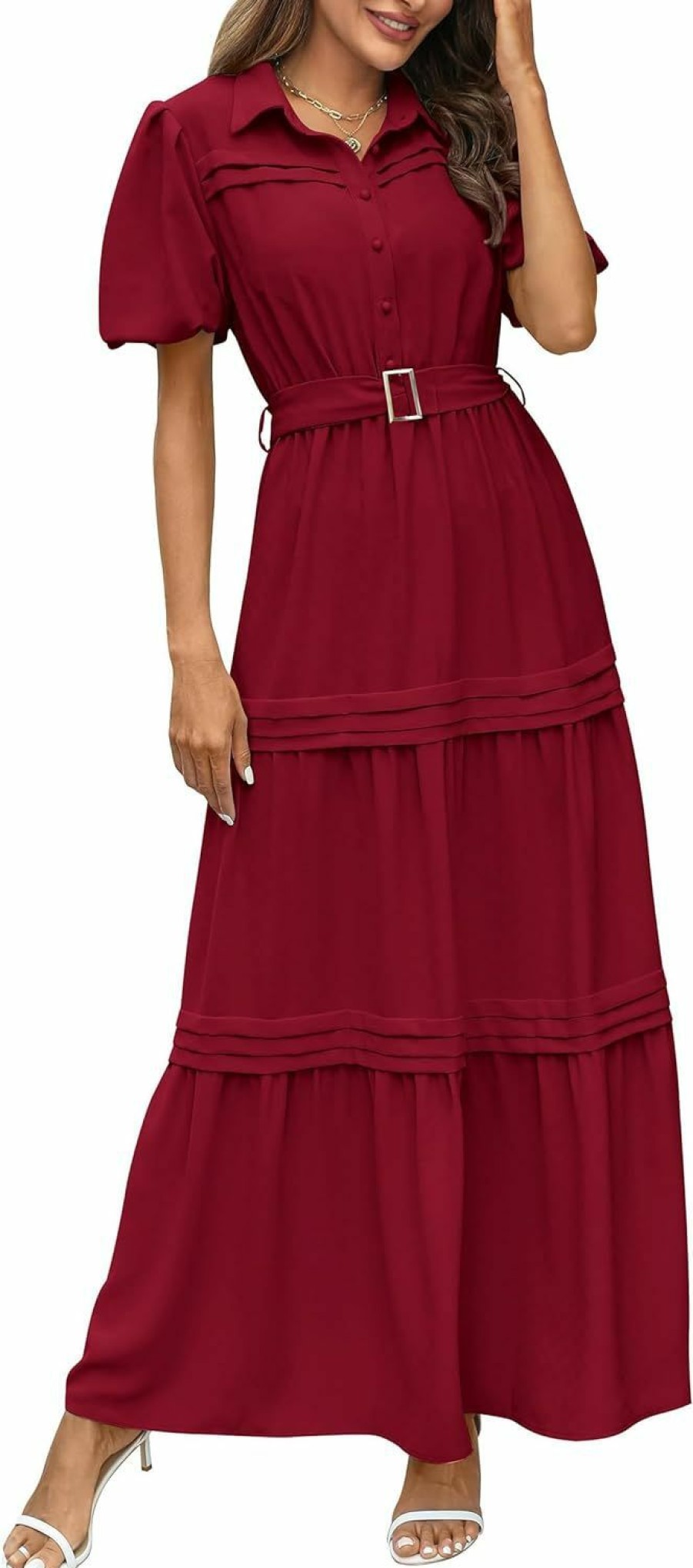 Hot PRETTYGARDEN Prettygarden Women'S Summer Maxi Dress Puff Short Sleeve Lapel V Neck Tiered A Line Flowy Elegant Party Dresses With Belt