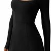 Clearance Cqinnifu Women'S Long Sleeve Black Mini Dress Square Neck Dress Flare Bodice Mini Dress Stretch Tennis Dress