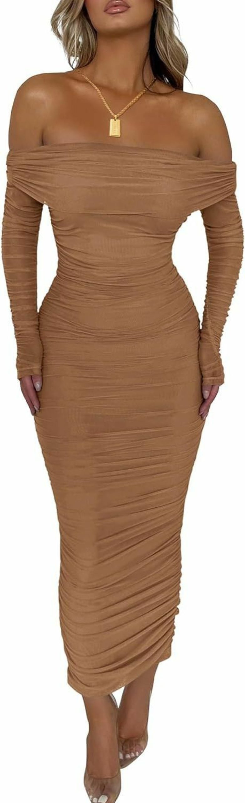 Clearance PRETTYGARDEN Prettygarden Women'S Fall Off Shoulder Maxi Bodycon Dress Long Sleeve Ruched Fitted Club Dresses With Slit