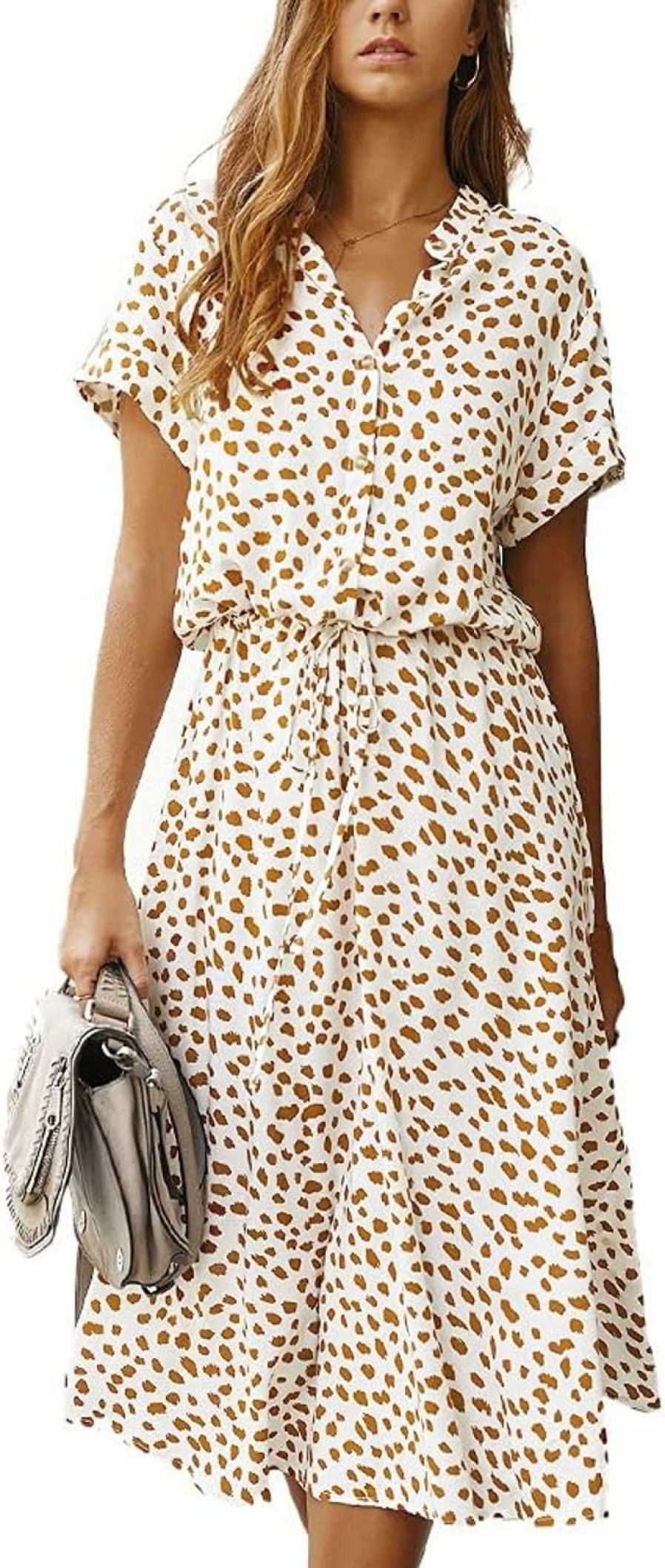 Hot BROVAVE Brovave Women'S Summer Polka Dot Print Shirt Dress Vintage Short Sleeve Button Down Midi Dress