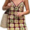 Clearance Mistshopy Women Vintage Square Crochet Knitted Dress Halter Neck Hollow Out Striped Mini Dresses Fashion Crocheting Streetwear