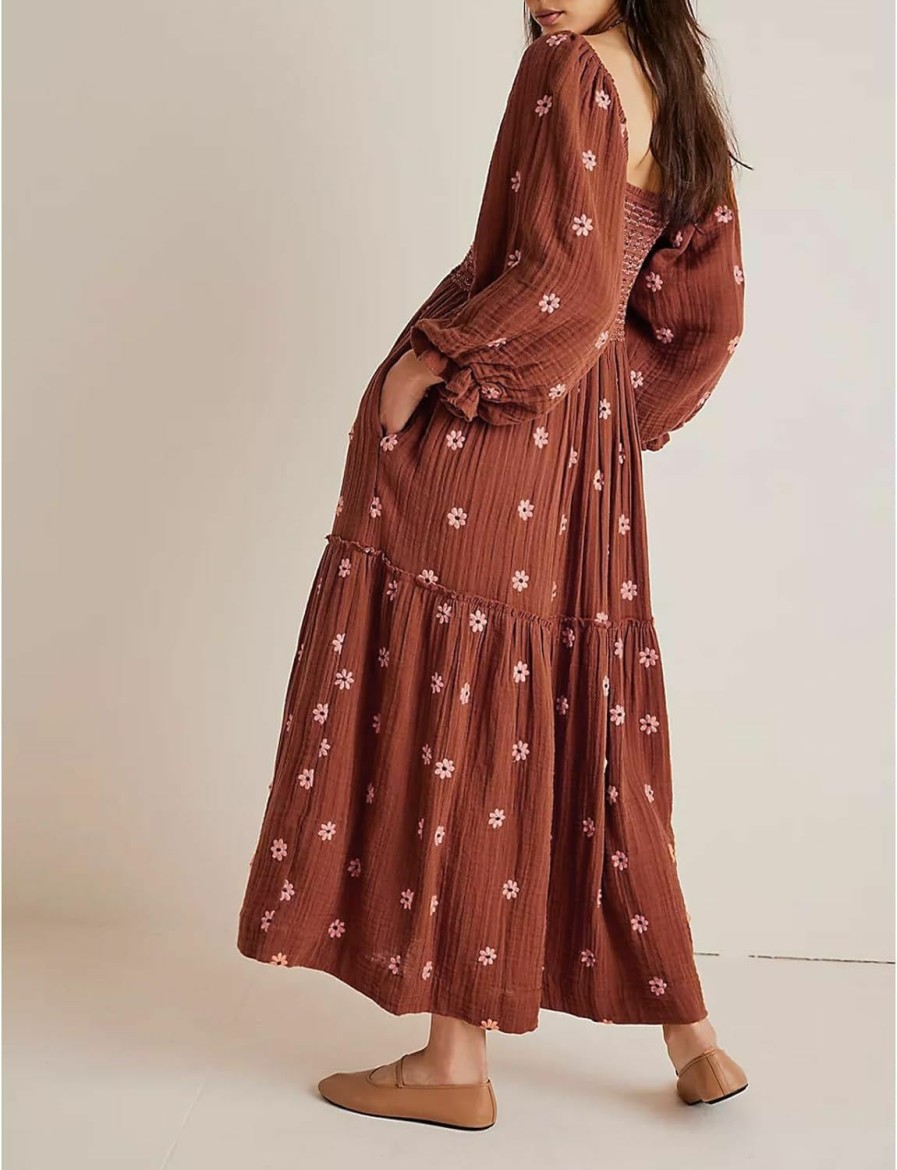 Wholesale ABYOVRT Women Floral Embroidered Maxi Dress Long Puff Sleeve Square Neck Bohemian Flowy Dress With Pockets Smocked Fall Dress