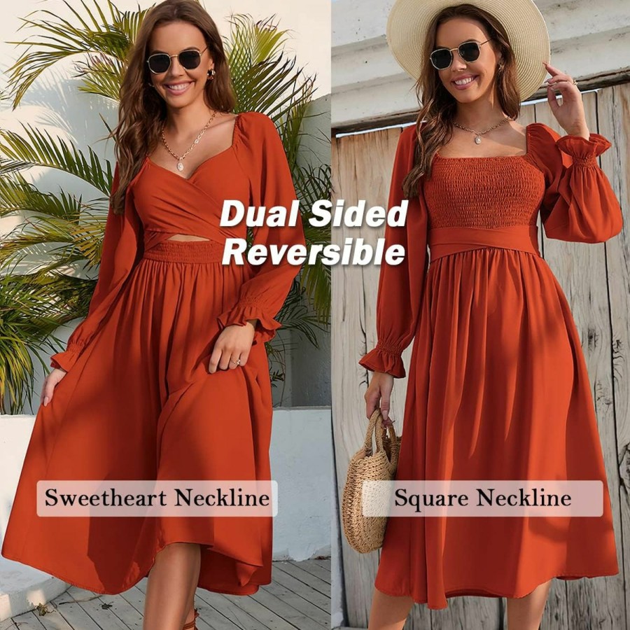 Wholesale TINSTREE Women Tie Back Long Puff Sleeve Dress Sage Ruffle Wrap Reversible Flowy Casual Midi Dress With Pocket For Party Wedding Beach