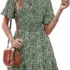 Clearance PRETTYGARDEN Prettygarden Women'S Summer Boho Dress Casual Short Sleeve Tie V Neck Ruffle Floral Print Mini Skater Dresses