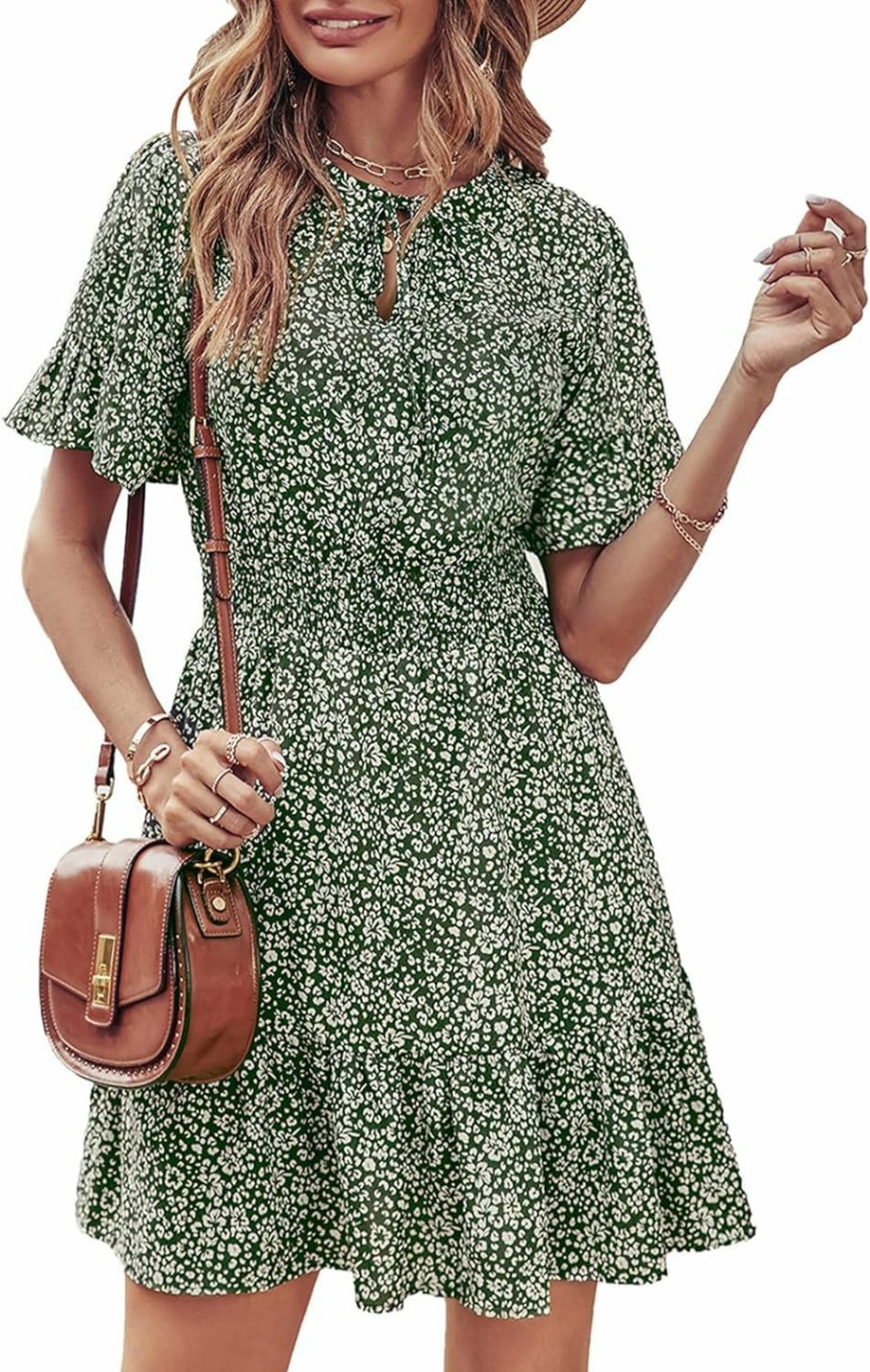 Clearance PRETTYGARDEN Prettygarden Women'S Summer Boho Dress Casual Short Sleeve Tie V Neck Ruffle Floral Print Mini Skater Dresses