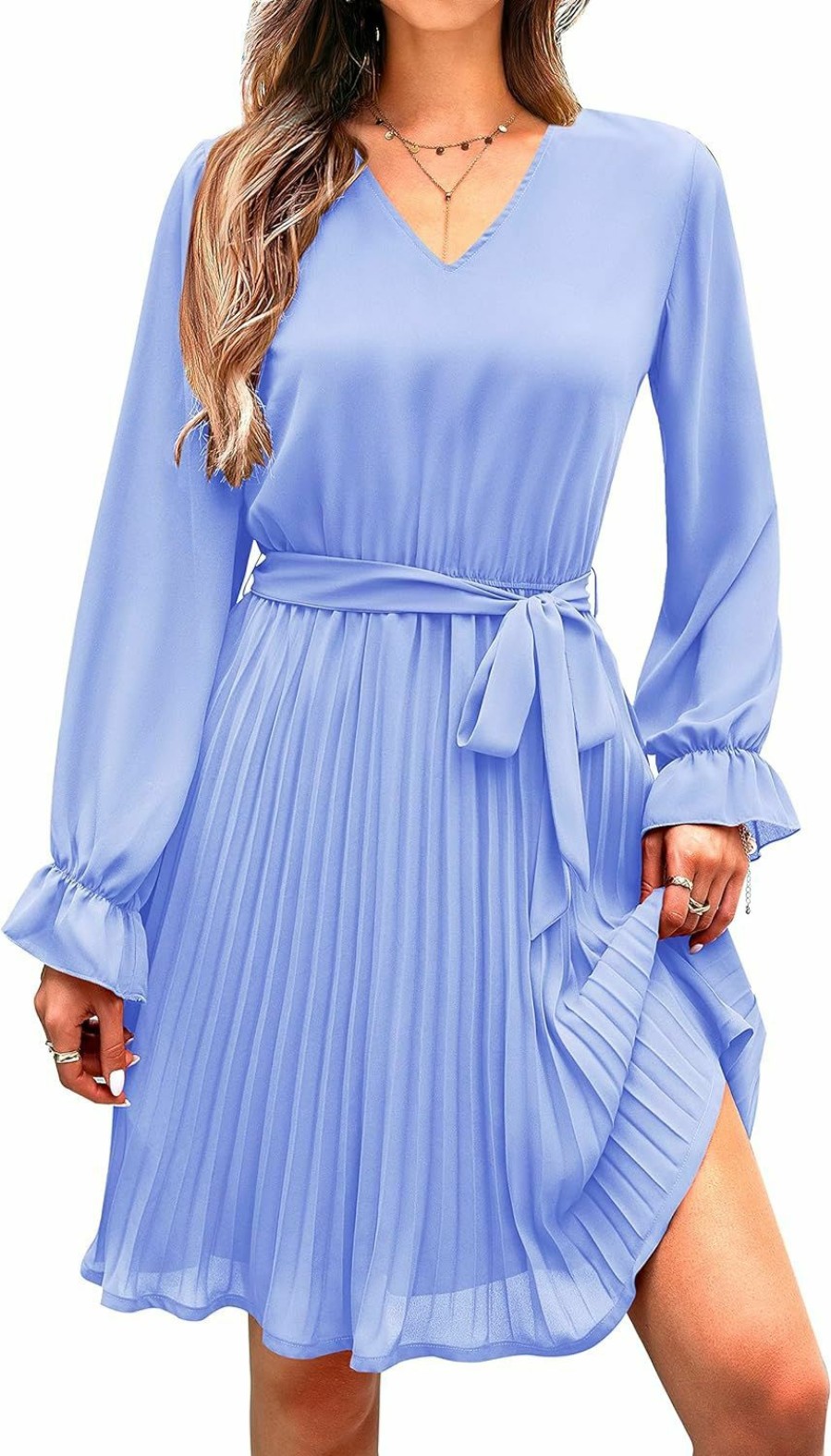 Online PRETTYGARDEN Prettygarden Women'S Casual Spring Fall Dresses Long Puff Sleeve V Neck Pleated Ruffle Flowy Belted Dress