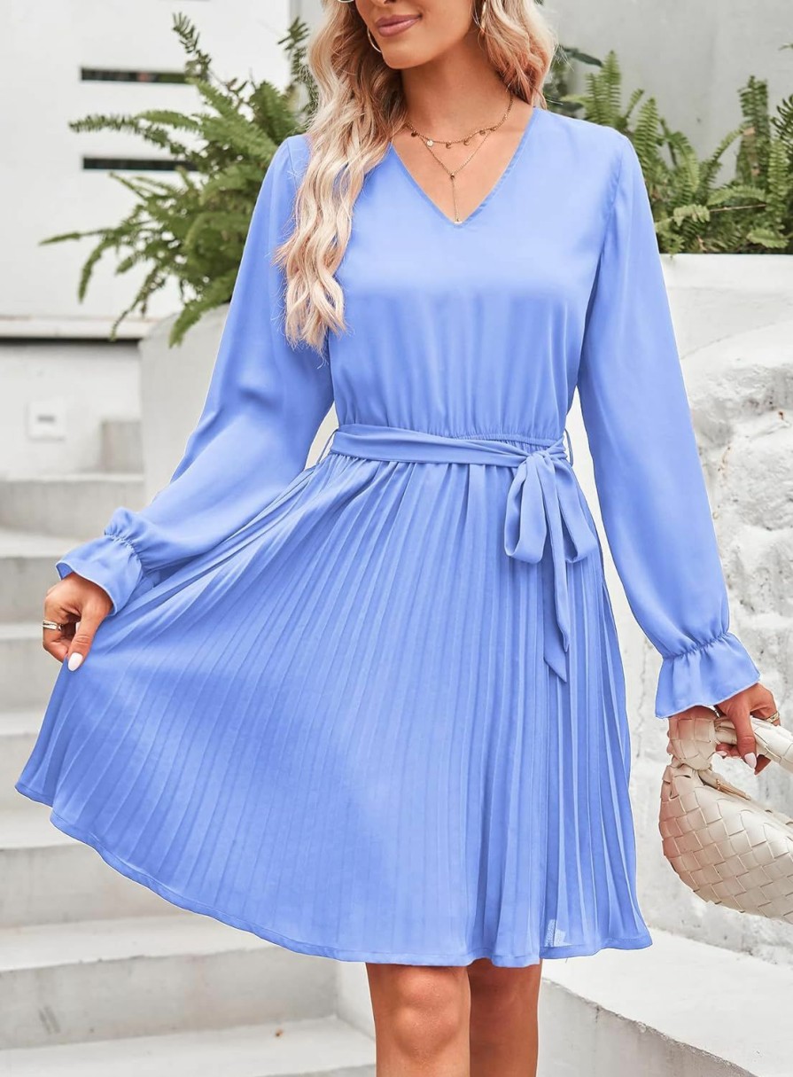 Online PRETTYGARDEN Prettygarden Women'S Casual Spring Fall Dresses Long Puff Sleeve V Neck Pleated Ruffle Flowy Belted Dress