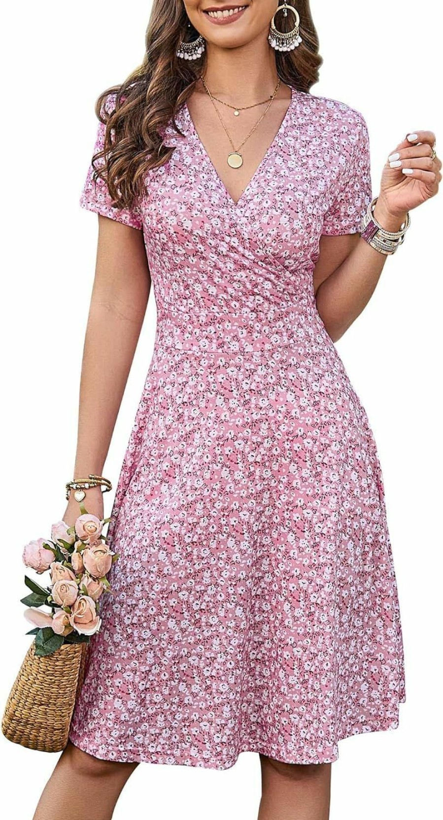 Wholesale MSBASIC Msbasic Summer Dresses For Women 2024 Short Sleeve V Neck Wrap Dress Casual Midi Sundresses