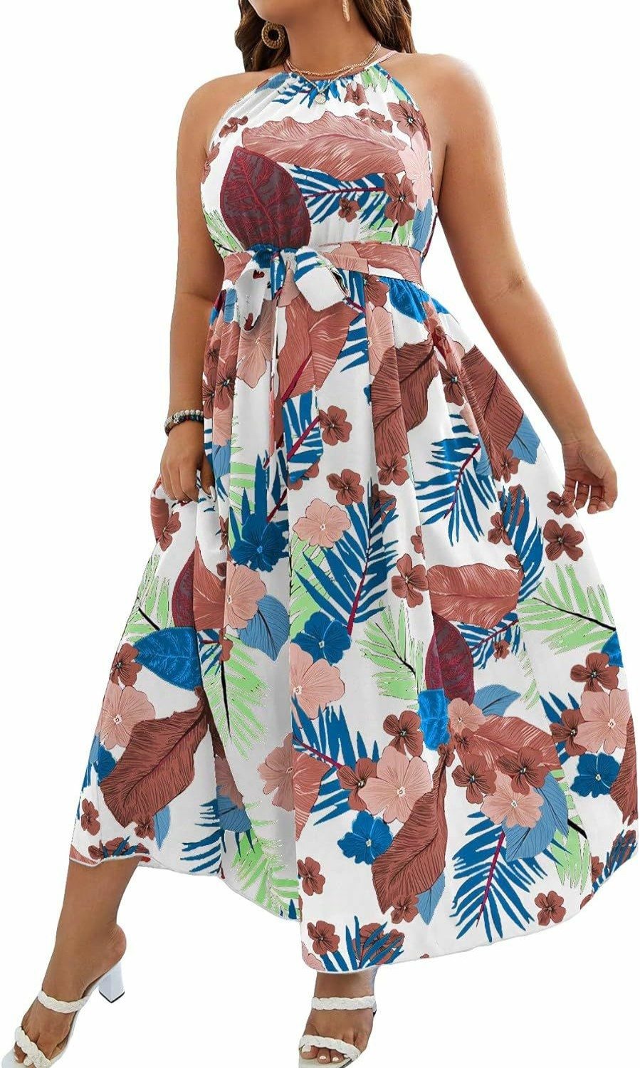 Wholesale Floerns Floerns Women'S Plus Size Boho Sleeveless Halter Neck Tie Back A Line Long Dress