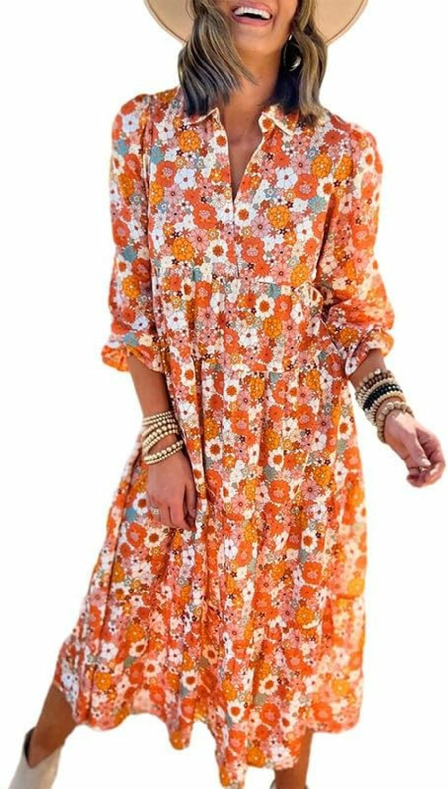 New Dokotoo Dokotoo Women'S Casual Loose Bohemian Floral Dresses 2024 Long Puff Sleeve V Neck Ruffle A Line Flowy Summer Beach Dress