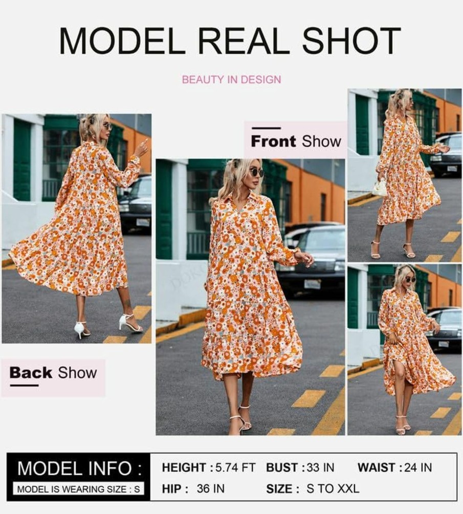 New Dokotoo Dokotoo Women'S Casual Loose Bohemian Floral Dresses 2024 Long Puff Sleeve V Neck Ruffle A Line Flowy Summer Beach Dress