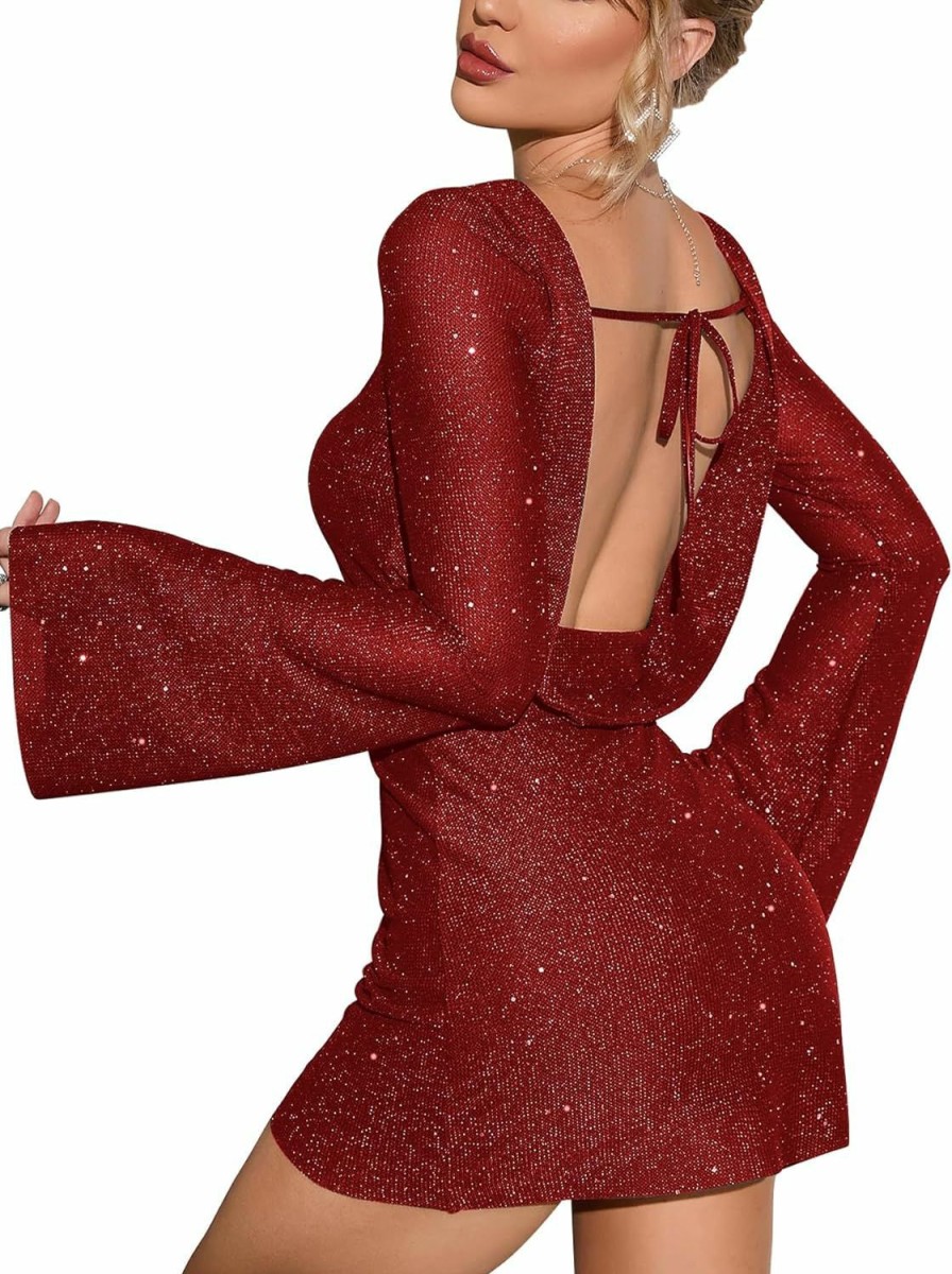 Online EYNMIN Women'S Sparkly Sequin Backless Tie Mini Dress Long Sleeve Glitter Bodycon Party Club Dresses