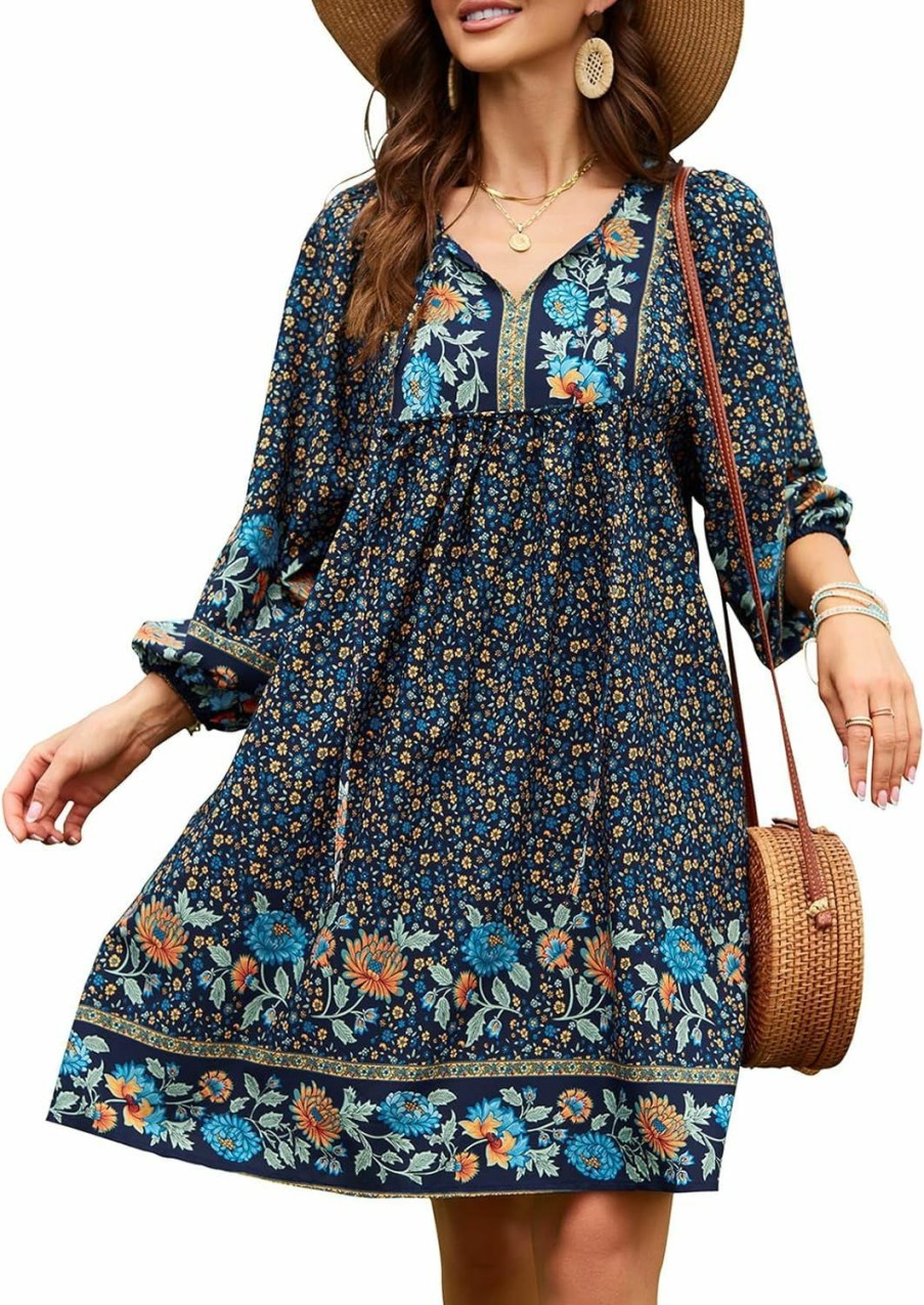 Wholesale Qearal Qearal Womens Casual V Neck 3/4 Sleeve Boho Floral Printed Loose Short Mini Summer Beach Dress