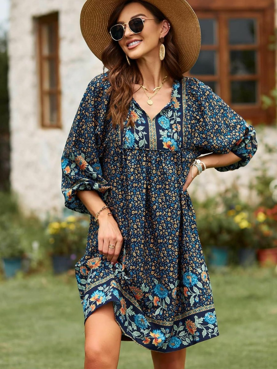 Wholesale Qearal Qearal Womens Casual V Neck 3/4 Sleeve Boho Floral Printed Loose Short Mini Summer Beach Dress