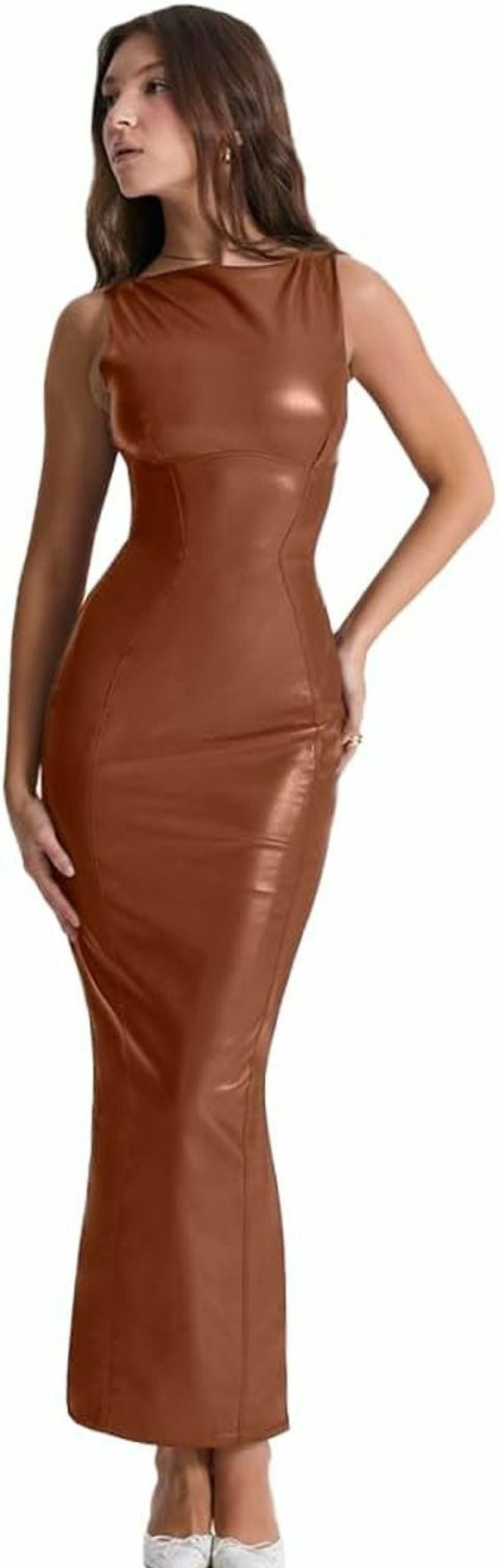 Online XLLAIS Women'S Faux Pu Leather Bodycon Maxi Dress Sexy Boatneck Tank Long Dresses