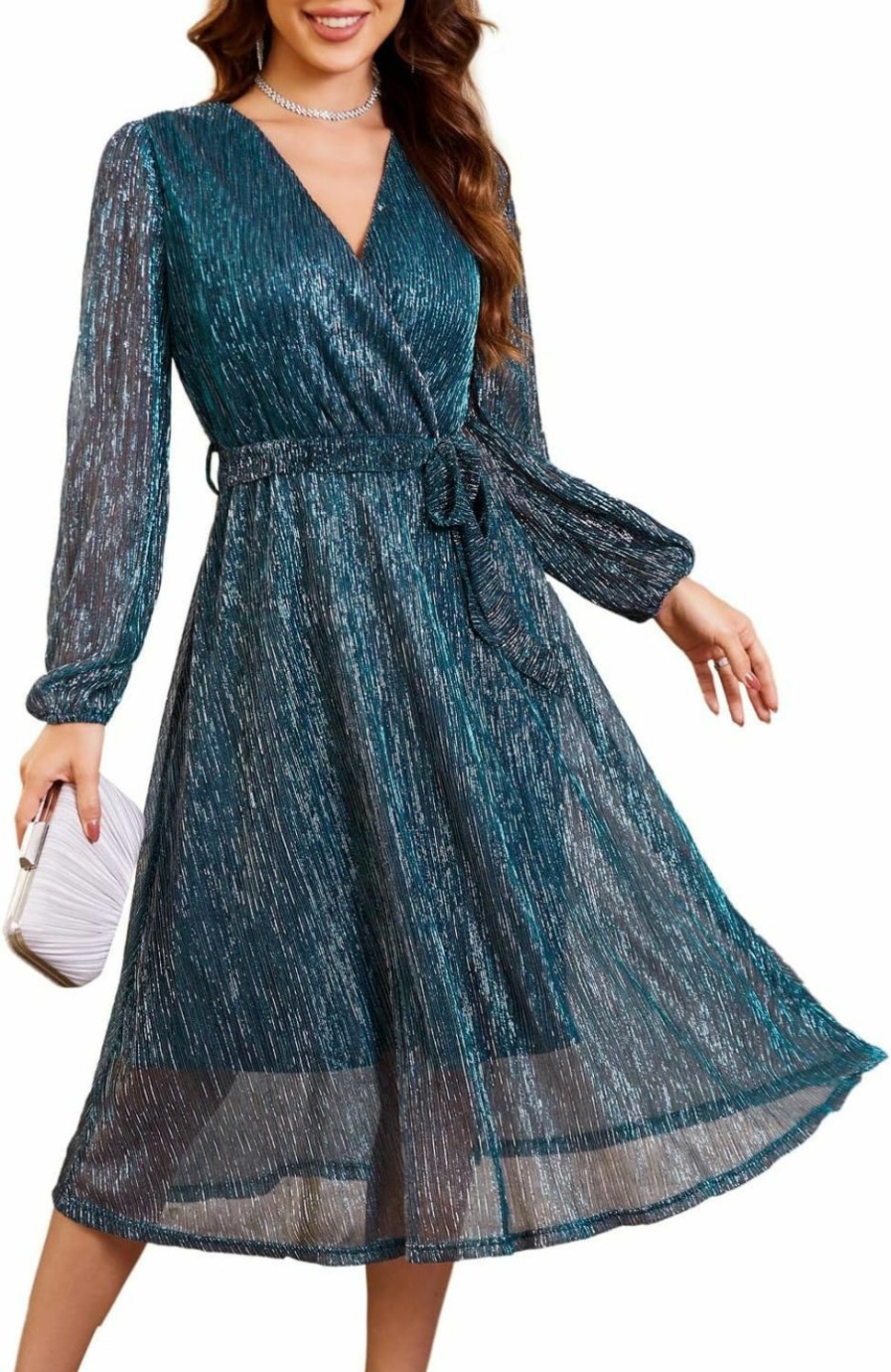 Clearance GRACE KARIN Grace Karin Women'S 2024 Flowy Wrap V Neck Long Sleeve Midi Dress Glitter Chiffon Wedding Guest Dress With Belt