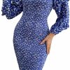 Clearance PRETTYGARDEN Prettygarden Women'S Long Puff Sleeve Floral Midi Bodycon Dresses Square Neck Ruffle Mermaid Smocked Dress