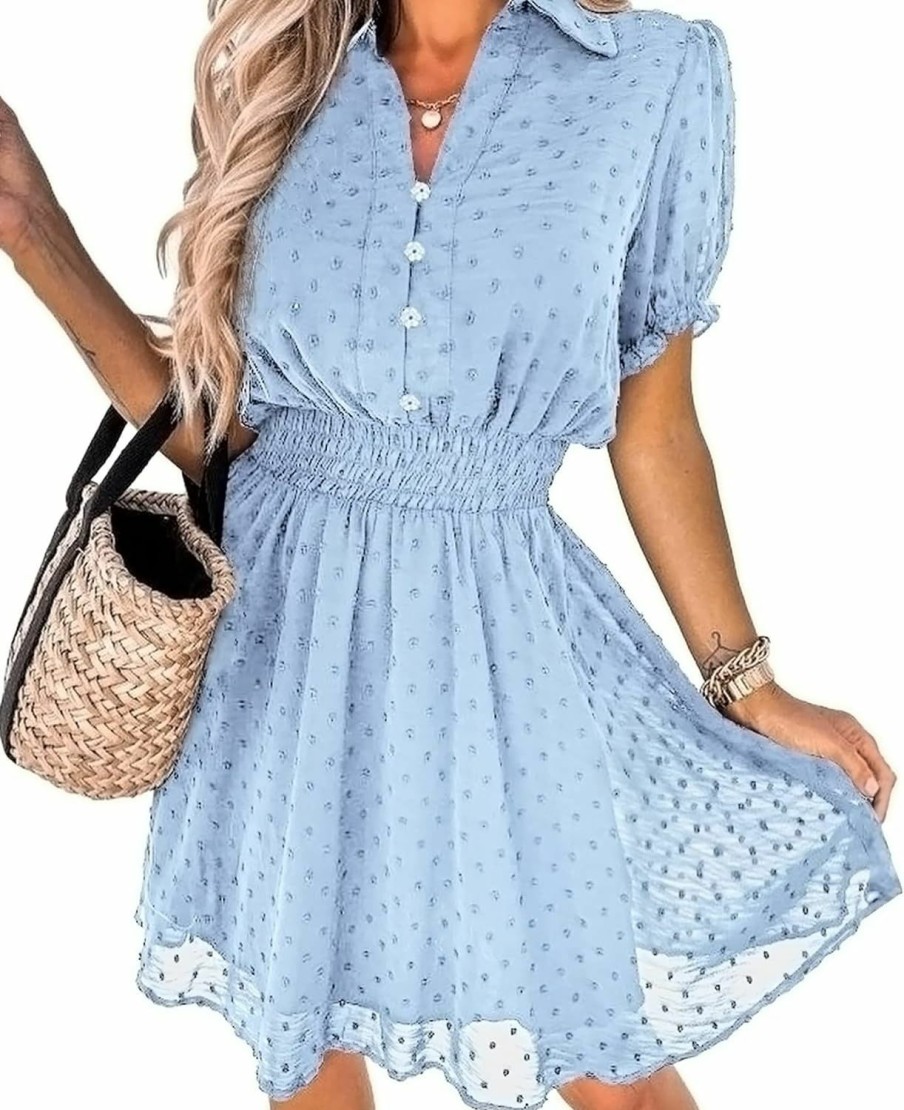 Wholesale PRETTYGARDEN Prettygarden Women'S Summer Dress Casual V Neck Short Sleeve Swiss Dots Elastic Waist A-Line Flowy Mini Dresses