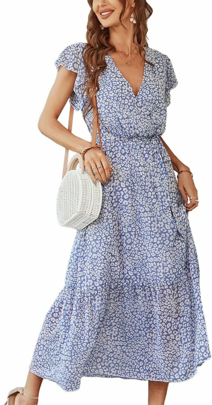 Hot BROVAVE Brovave Womens Summer Casual Short Sleeve Floral Print Bohemian V Neck Flowy Midi Maxi Dress With Slit