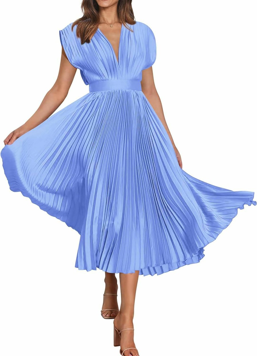 Online MASCOMODA Mascomoda Elegant Satin V Neck Pleated Midi Dress Short Sleeve Formal High Waisted Flowy Long Summer Dresses For Women 2023