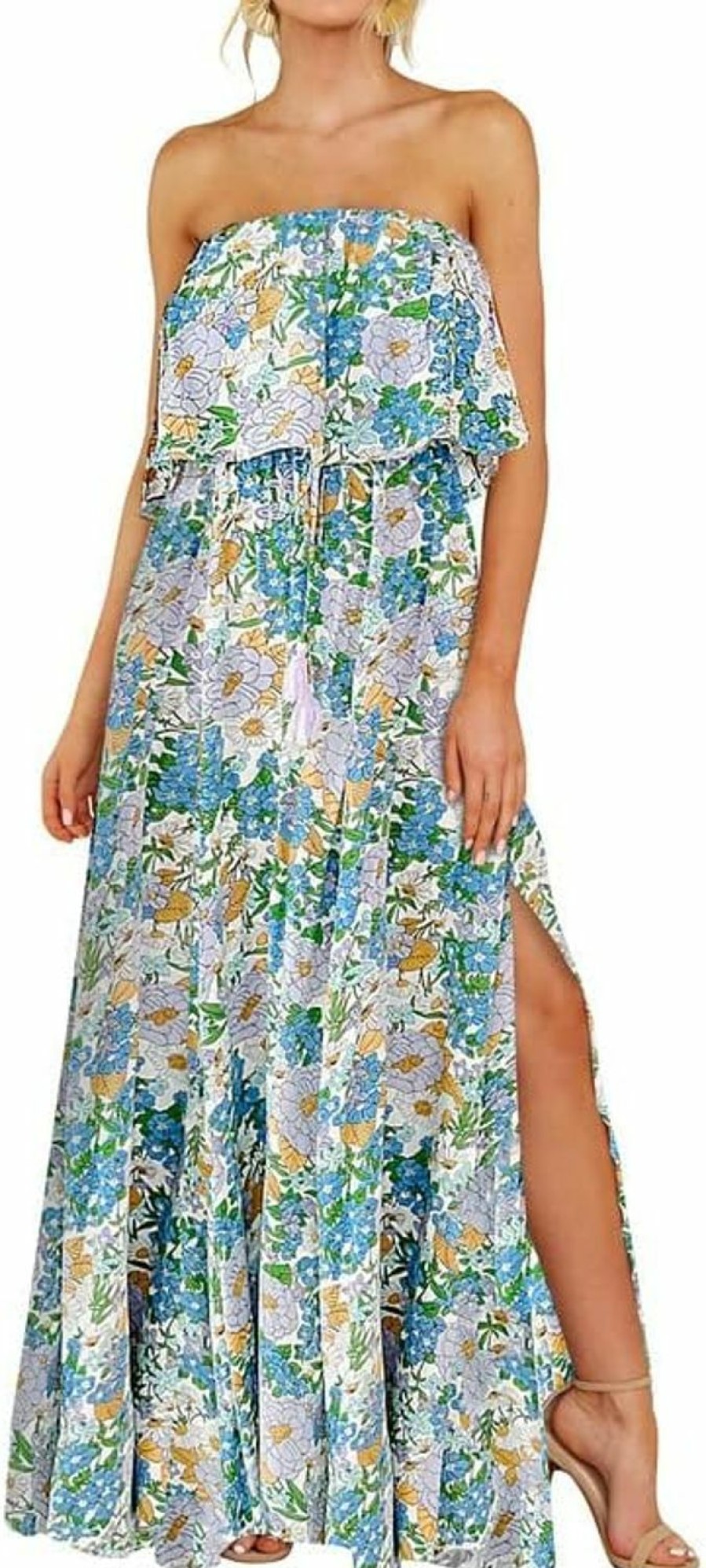 Hot Dokotoo Dokotoo Womens Strapless Dresses Casual Summer High Waist Side Split Flowy Boho Maxi Dress