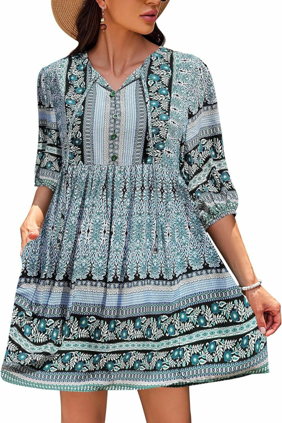 Wholesale Chigant Chigant Women'S Summer Boho Dress With Pockets Casual Loose Vintage Floral Swing 3/4 Sleeve V Neck Tunic Dresses