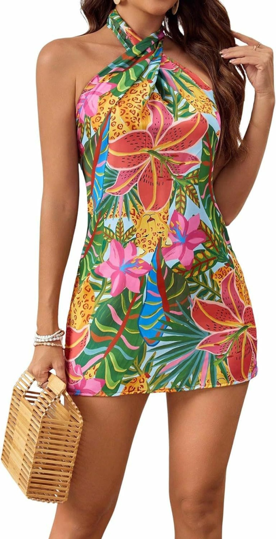 Best SOLY HUX Soly Hux Women'S Tropical Print Crisscross Halter Backless Dress Sleeveless Boho Mini Dresses