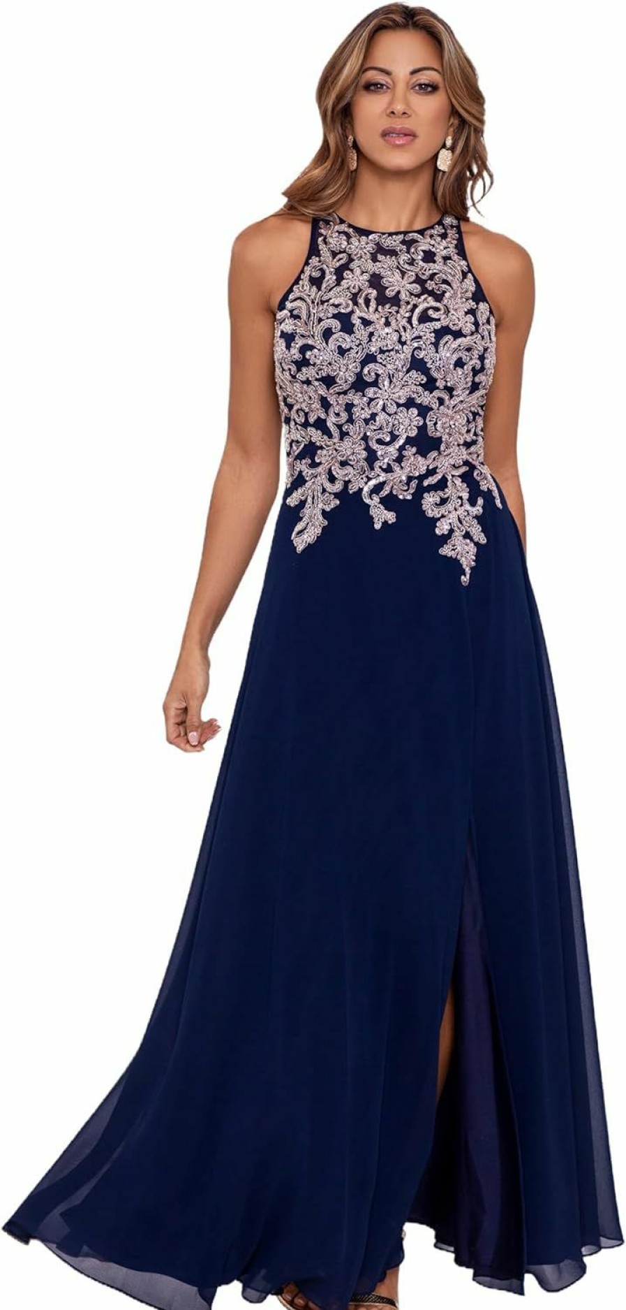 Online Betsy & Adam Betsy & Adam Women'S Long Chiffon Beaded Halter Dress With Open Back