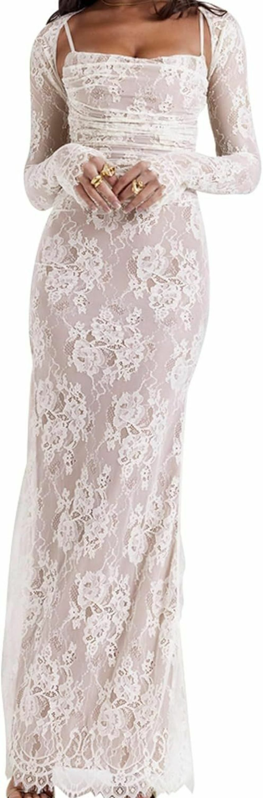 Online Amazon Women Vintage Cream Lace Maxi Dress Romantic Long Sleevees Lace Bodycon Dress