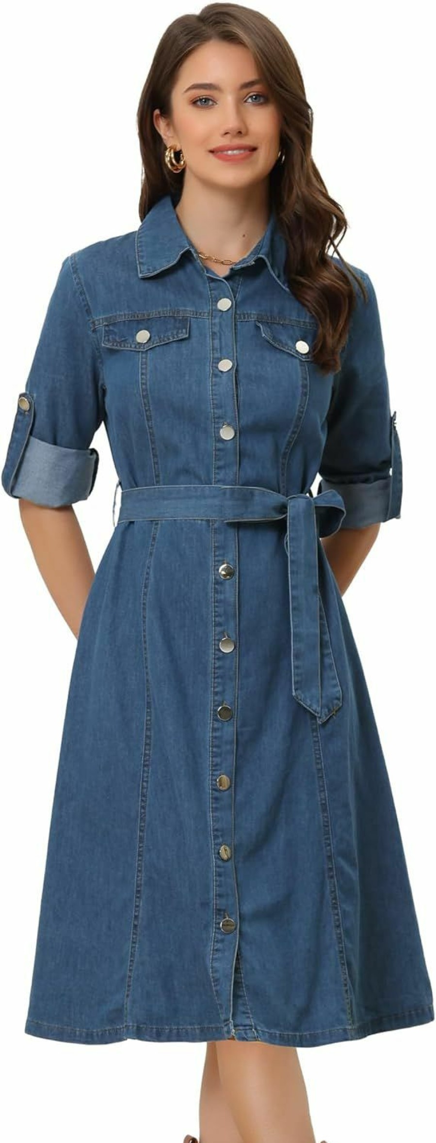 Best Allegra K Allegra K Denim Dress For Women'S Long Sleeve Button Down A-Line Belted Classic Jean Dresses