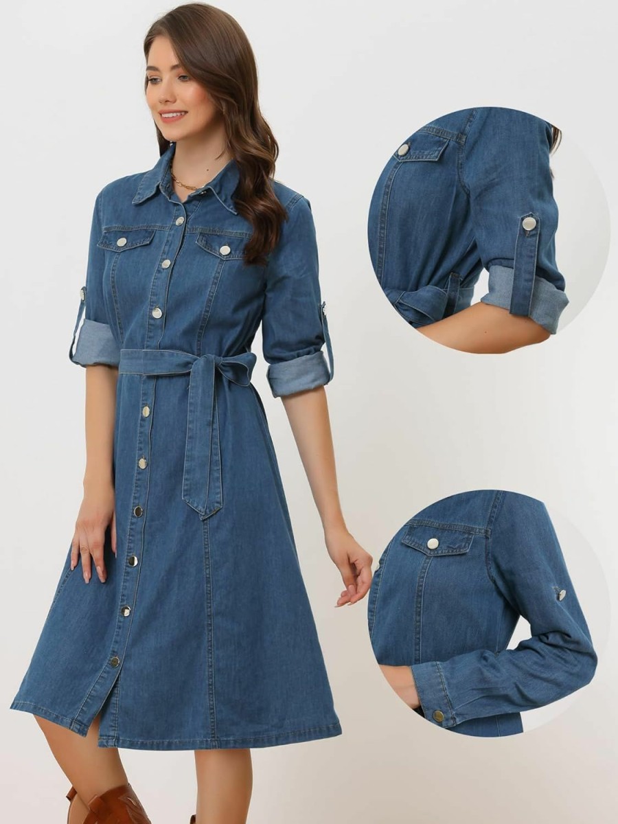 Best Allegra K Allegra K Denim Dress For Women'S Long Sleeve Button Down A-Line Belted Classic Jean Dresses