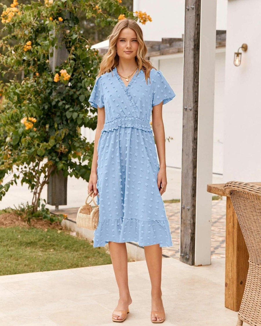 Online BTFBM Btfbm Women Short Sleeve V Neck Swiss Dot Midi Summer Dresses 2024 Boho Ruffle Long Dresses Ruffle Wedding Guest Dress