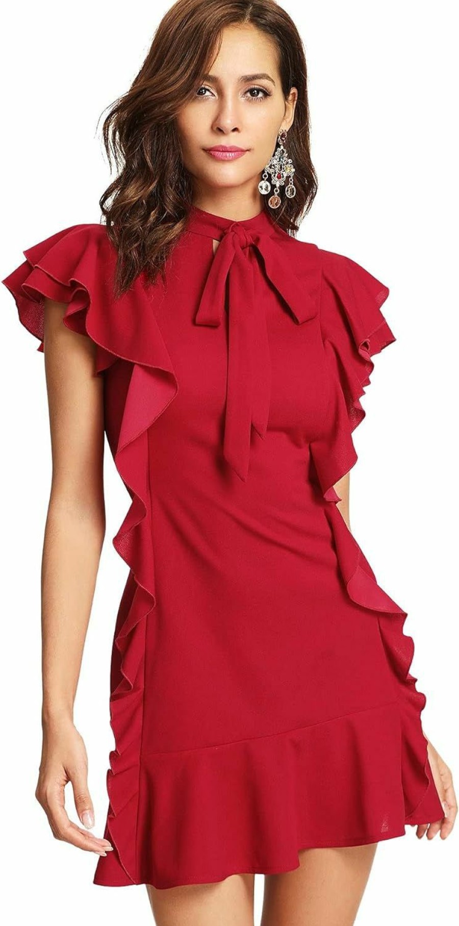 Best Floerns Floerns Women'S Tie Neck Short Sleeve Ruffle Hem Cocktail Party Dress