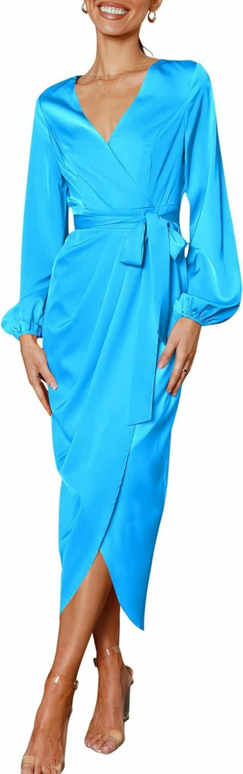 Clearance PRETTYGARDEN Prettygarden Women'S Maxi Satin Dress Puff Sleeve Wrap V Neck Ruched Belted Long Formal Cocktail Dresses