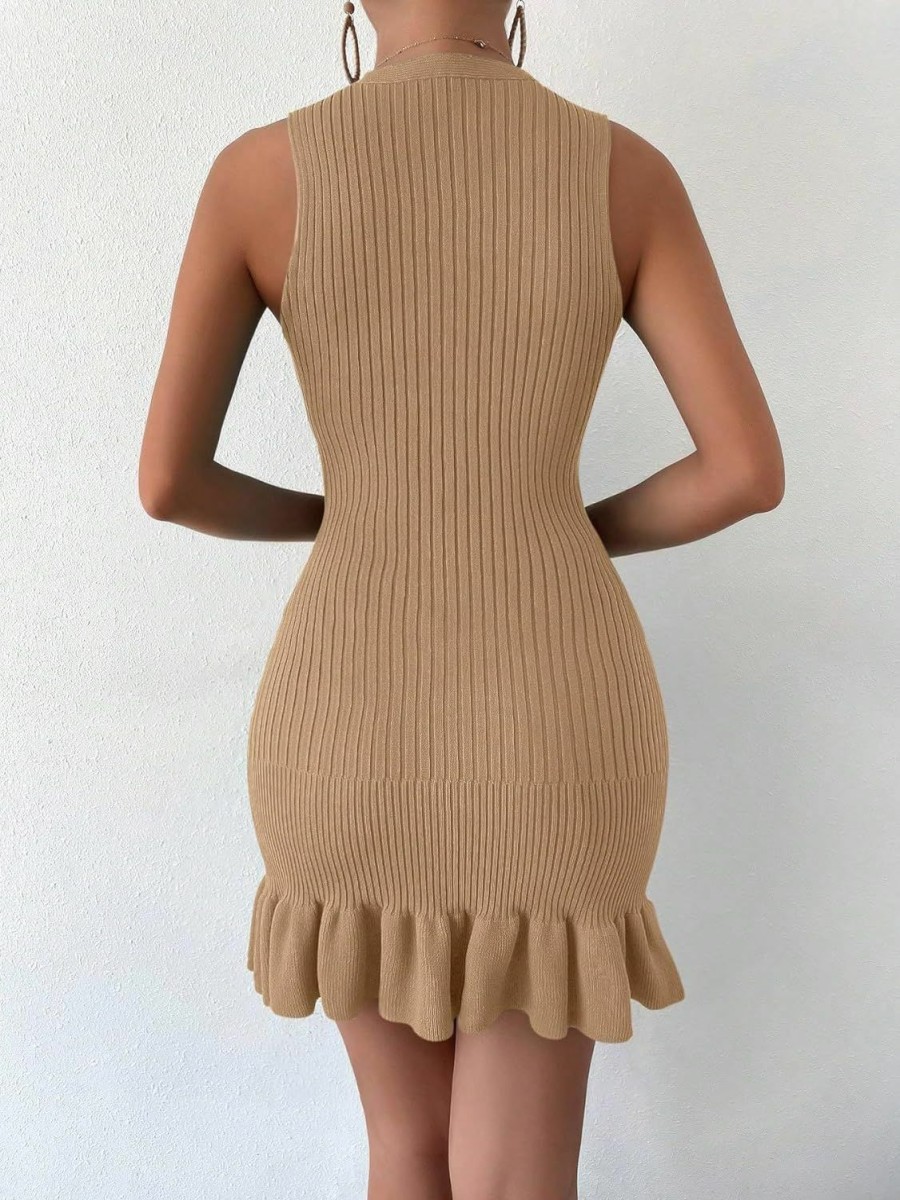 Wholesale SOLY HUX Soly Hux Women'S Sexy Sleeveless Bodycon Dress Ruffle Hem Ribbed Knit Sweater Slim Fit Ruched Stretchy Tank Mini Dresses