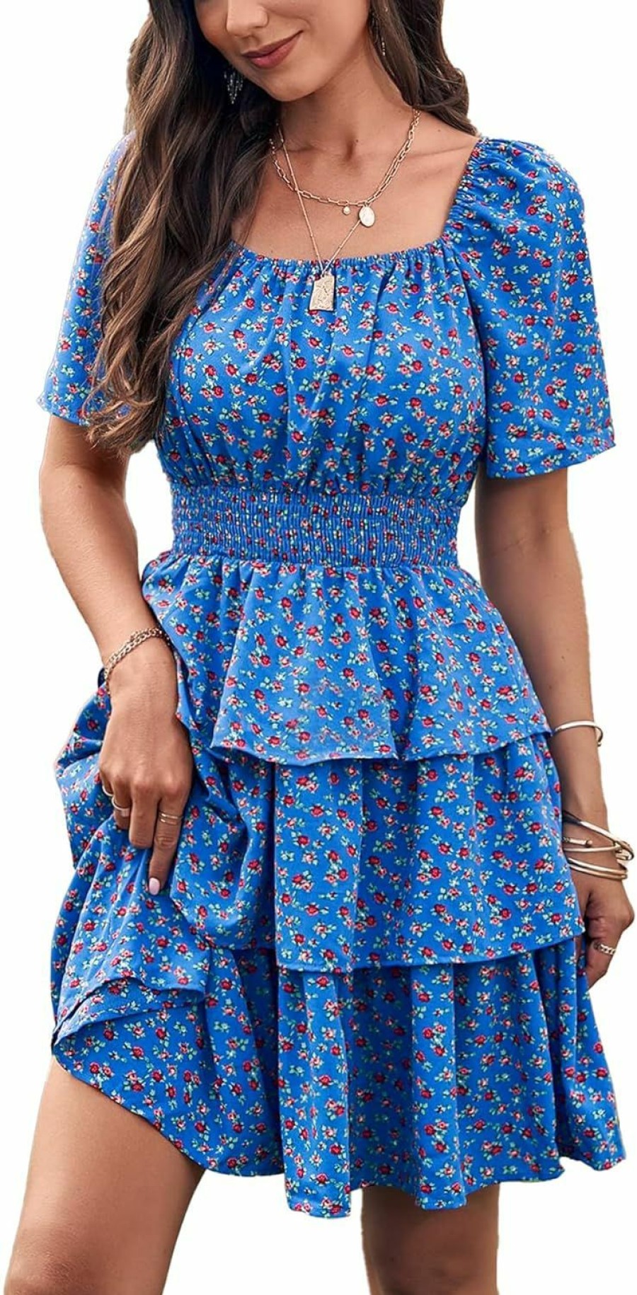 New PRETTYGARDEN Prettygarden Women'S 2024 Floral Summer Short Dress Square Neck Short Sleeve Tiered Ruffle Boho Swing Dresses