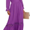 Best Ferlema Ferlema Womens Boho Square Neck Ruffle Long Sleeve Lace Trim Casual A Line Flowy Long Maxi Dress With Pockets