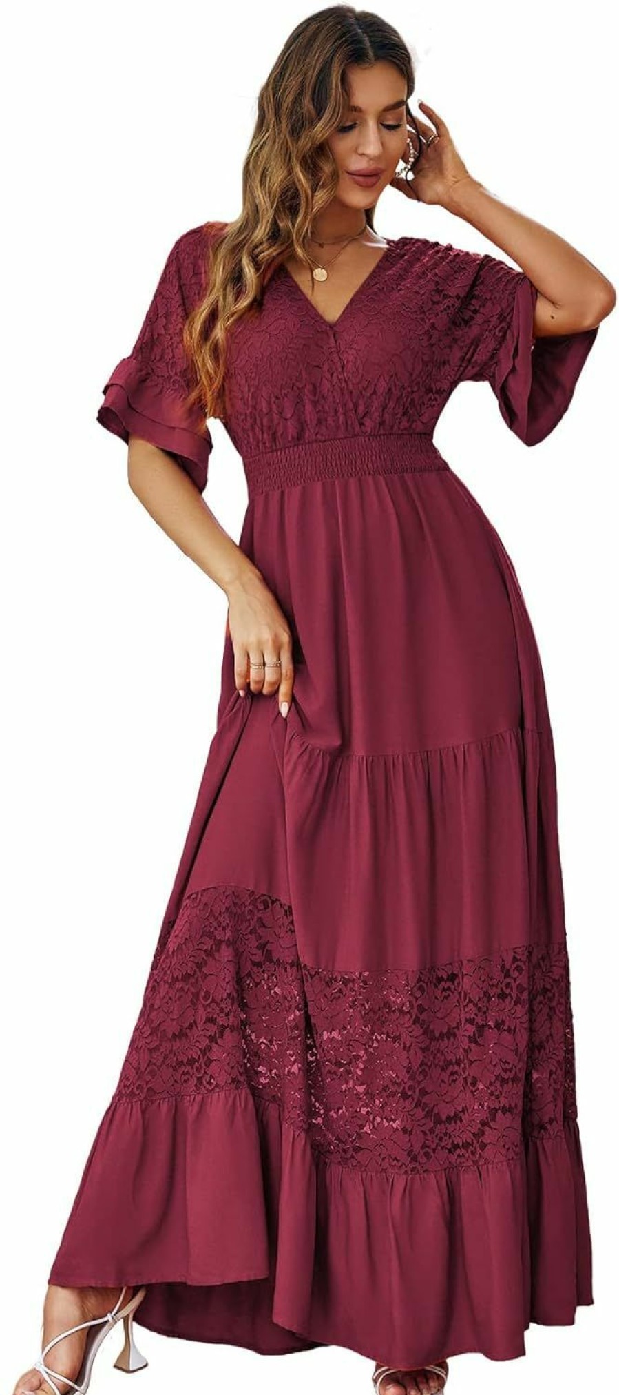 Wholesale Simplee Apparel Simplee Women V Neck Formal Lace Maxi Dress Ruffle Flowy Short Sleeve Boho Wedding Guest Long Dress