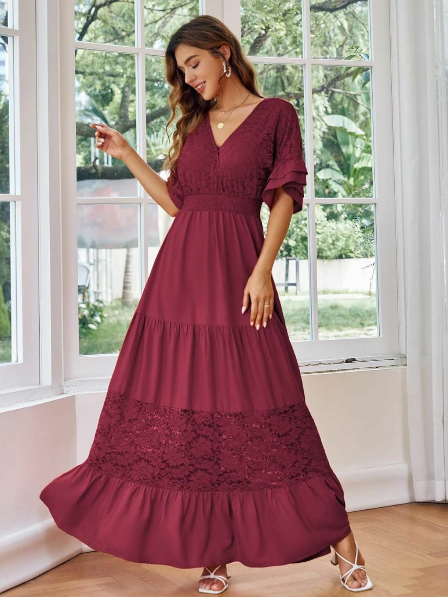 Wholesale Simplee Apparel Simplee Women V Neck Formal Lace Maxi Dress Ruffle Flowy Short Sleeve Boho Wedding Guest Long Dress