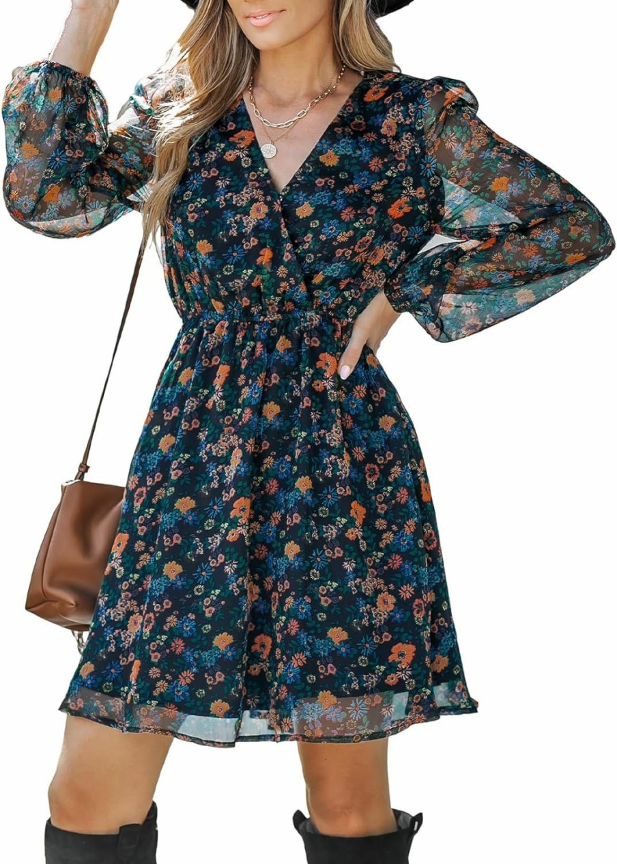 New CUPSHE Cupshe Women'S Floral Print Chiffon A-Line Mini Dress Long Peasant Sleeves