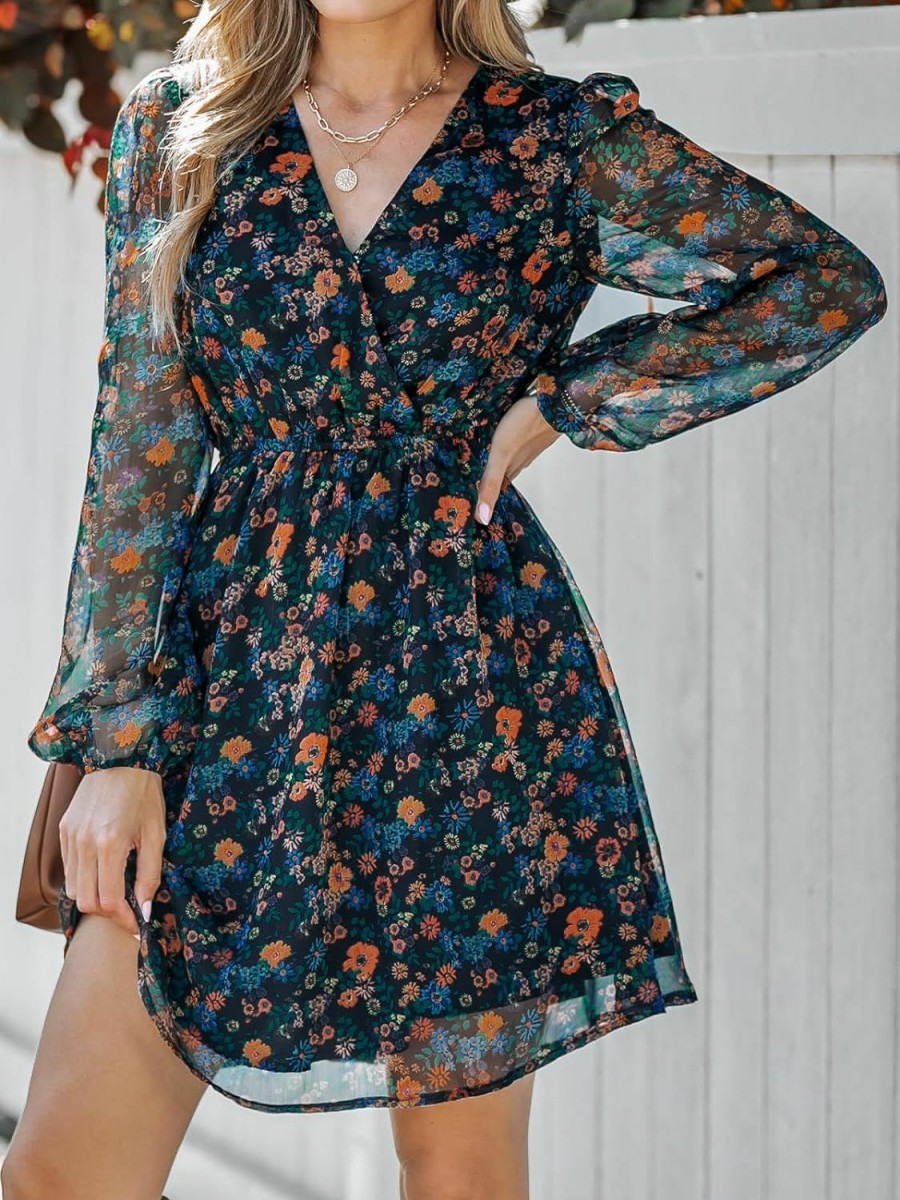 New CUPSHE Cupshe Women'S Floral Print Chiffon A-Line Mini Dress Long Peasant Sleeves