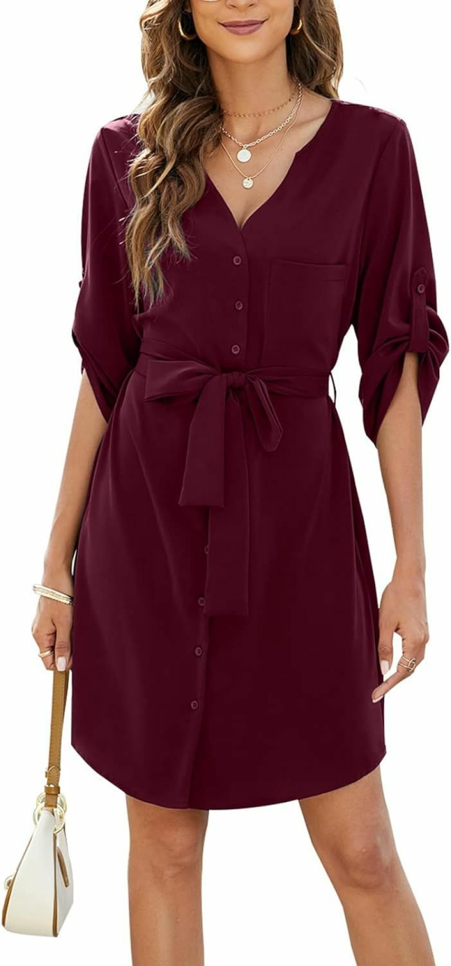 Clearance BMJL Bmjl Womens Button Down Dress Summer V Neck 3/4 Sleeve Tie Waist Business Casual Work Mini Shirt Dresses