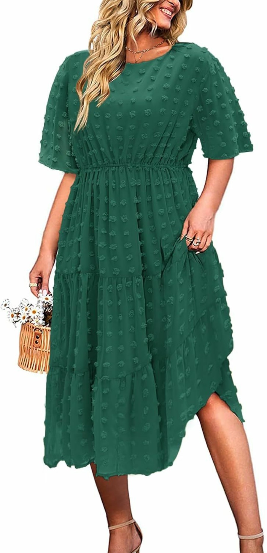 Clearance IN'VOLAND In'Voland Womens Plus Size Swiss Dot Dress Chiffon Short Sleeve High Waist A Line Ruffle Tiered Babydoll Midi Dress