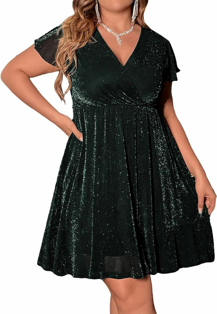 Hot Floerns Floerns Women'S Plus Size Glitter Wrap V Neck Short Sleeve Party A Line Dress