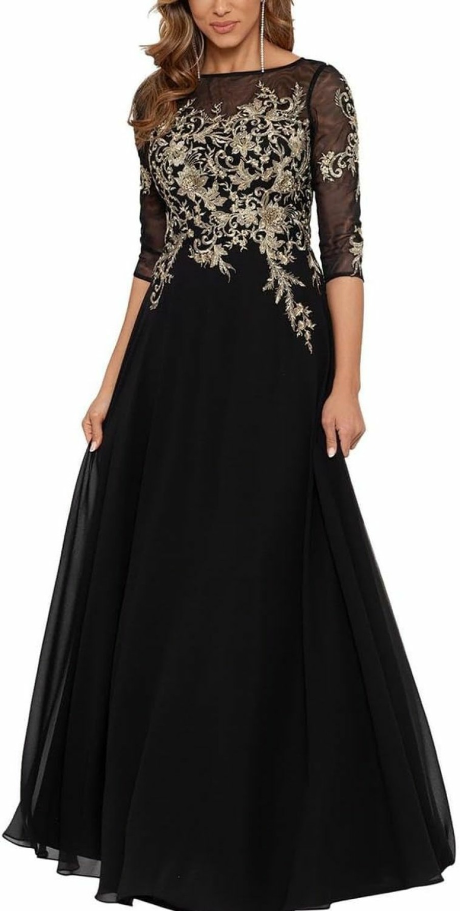 Clearance Betsy & Adam Betsy & Adam Women'S Long 3/4 Sleeve Embroidered Chiffon Gown