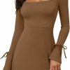 New Aotasely Women'S Sexy Square Neck Bodice Dresses Long Sleeve Side Slit A-Line Mini Dress Cocktail Party Club Dress