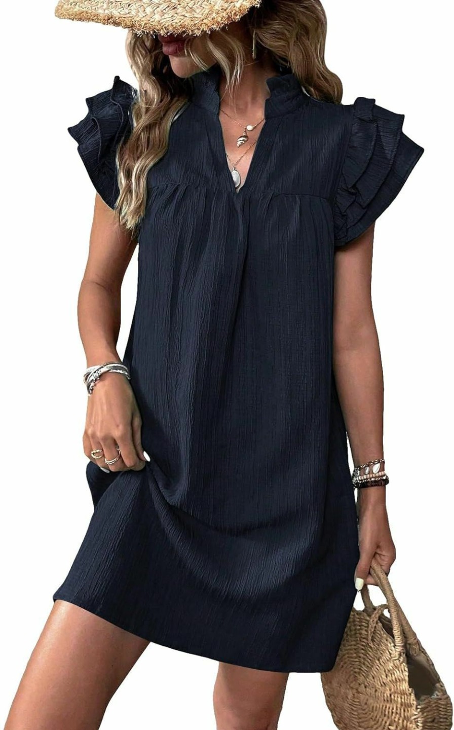 Wholesale SOLY HUX Soly Hux Women'S V Neck Ruffle Cap Sleeve Tunic Mini Dress Deep V Neck Loose Summer Dresses