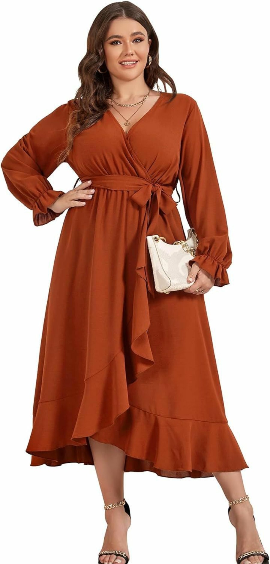 Online SCOMCHIC Women Plus Size Maxi Dress Long Sleeve Wrap V Neck High Low Split Ruffle Long Dress With Belt