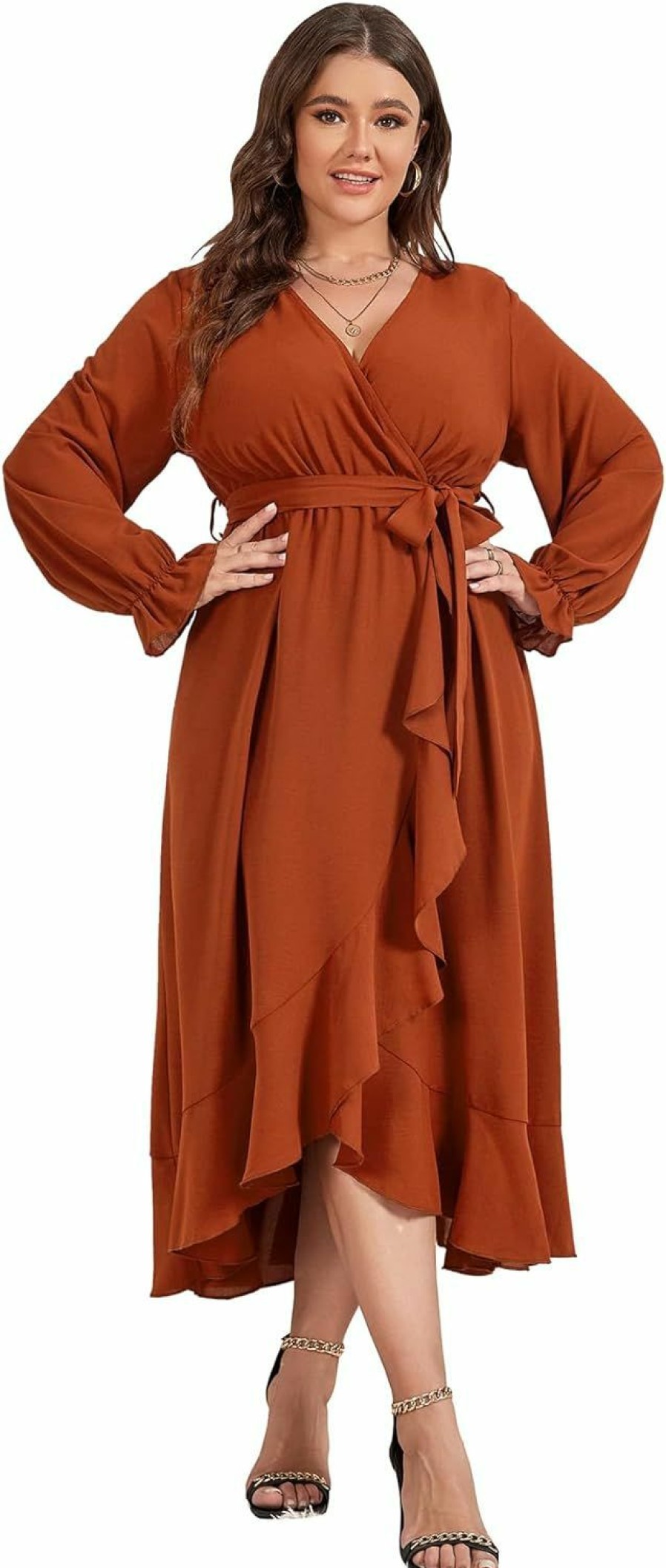 Online SCOMCHIC Women Plus Size Maxi Dress Long Sleeve Wrap V Neck High Low Split Ruffle Long Dress With Belt